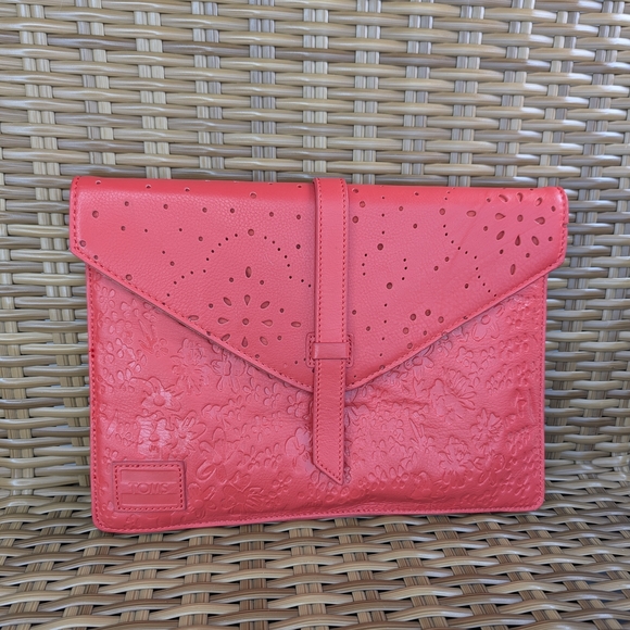 Toms Handbags - Toms Envelope Style Coral Leather Clutch Tablet Pouch Bag Floral Embossed Wallet